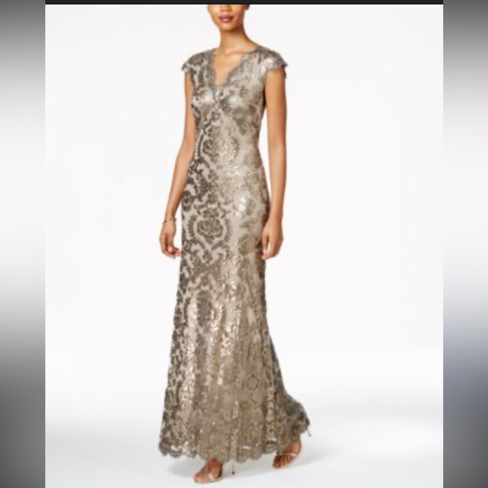 Tadashi Shoji Metallic Gold Lace Cap-Sleeve Maxi Dress